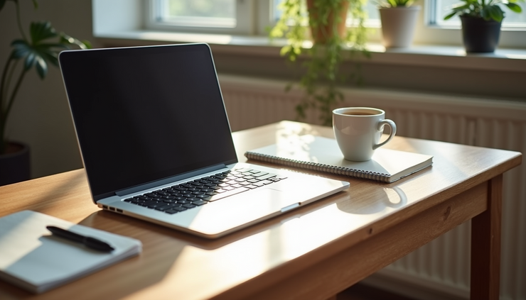 High angle view of a desk with a laptop, coffee cup, and notes