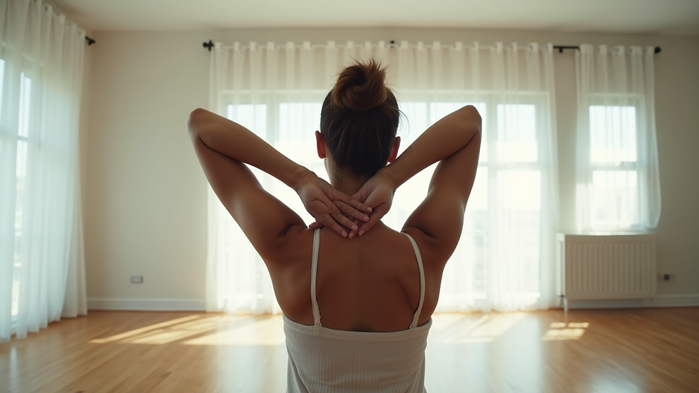 Eye-level view of a person stretching their shoulders in a bright room