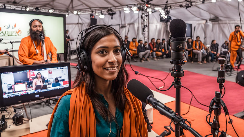 live-stream-youtube-live--reporter-with-mic-in-the-background--live-streaming-studio---at-