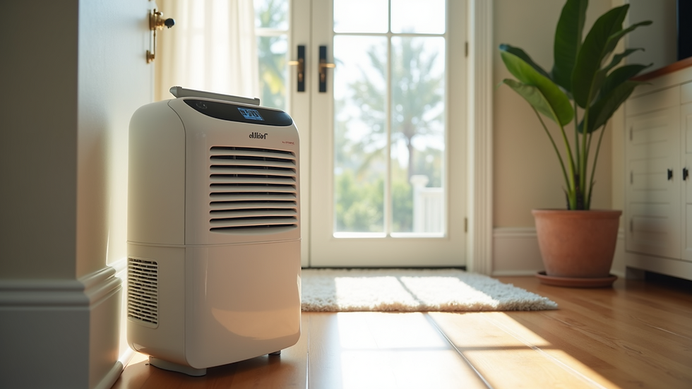 Eye-level view of a dehumidifier operating in a bright, clean Florida home