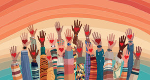 Diverse hands with heart symbols rise against a warm, striped background, wearing colorful sleeves and watches, symbolizing unity and love.