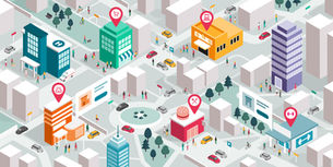 Isometric cityscape with people walking and cycling. Buildings marked with icons: hospital, shop, gym, restaurant, and a star. Bright colors.