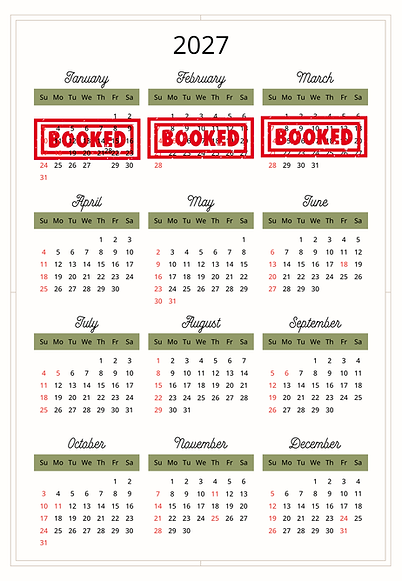 An image of a 2027 calendar shows that January, February, and March are booked out for audiobook production