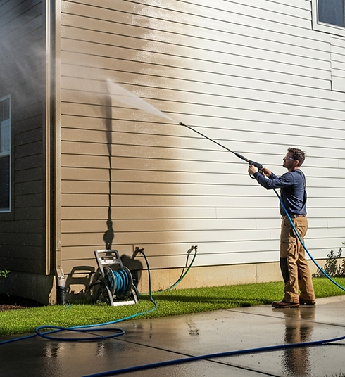 Man using a pressure washer to clean dirt from the exterior siding of a house.