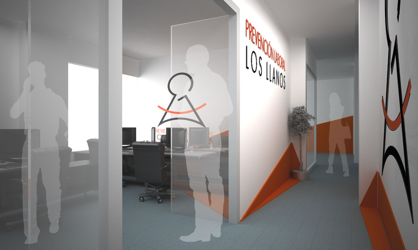 Interior de oficinas corporativas con identidad gráfica en paredes diseñado por Genovés Calleja Arquitectos.