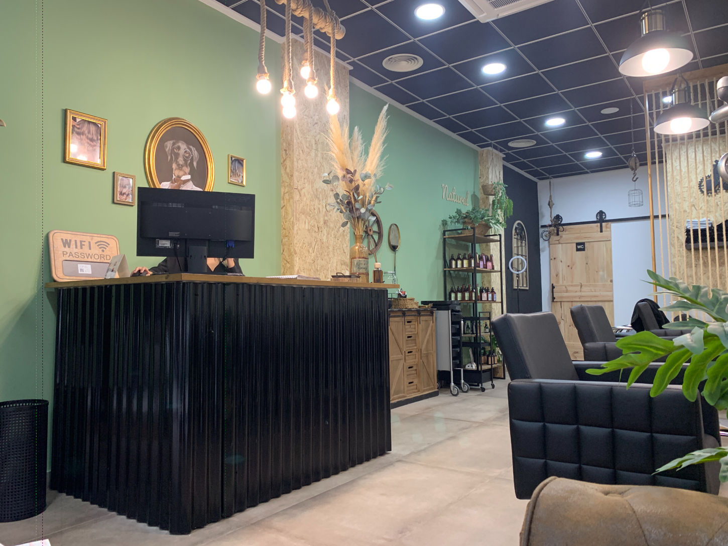 Mostrador de recepción en peluquería con decoración natural e iluminación colgante diseñado por Genovés Calleja Arquitectos.