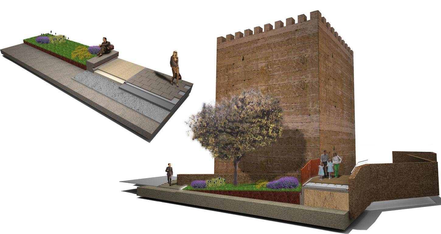 Detalle constructivo de espacio público junto a torre histórica con propuesta paisajística diseñado por Genovés Calleja Arquitectos.