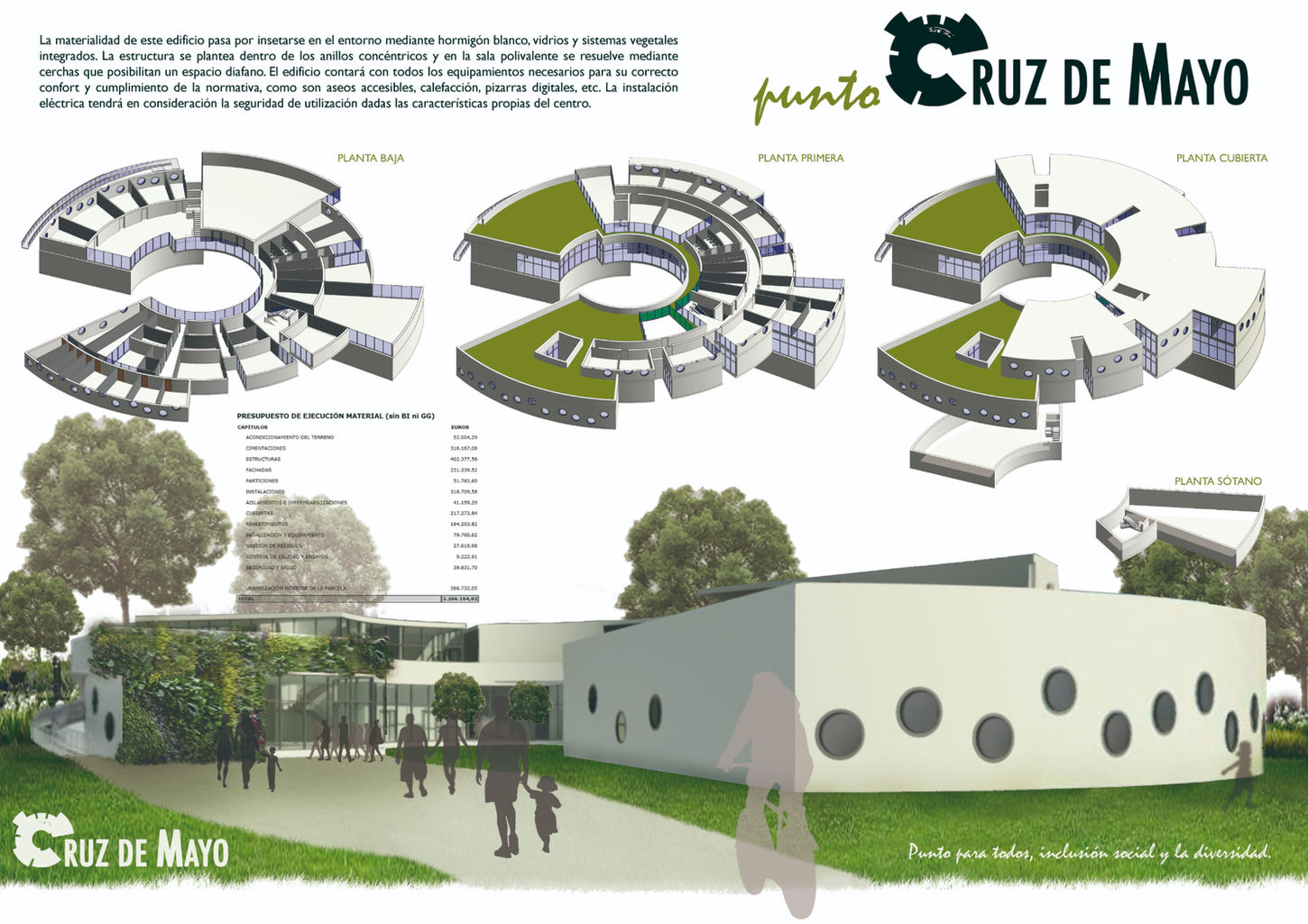Esquemas volumétricos y render exterior del proyecto Cruz de Mayo diseñados por Genovés Calleja Arquitectos.