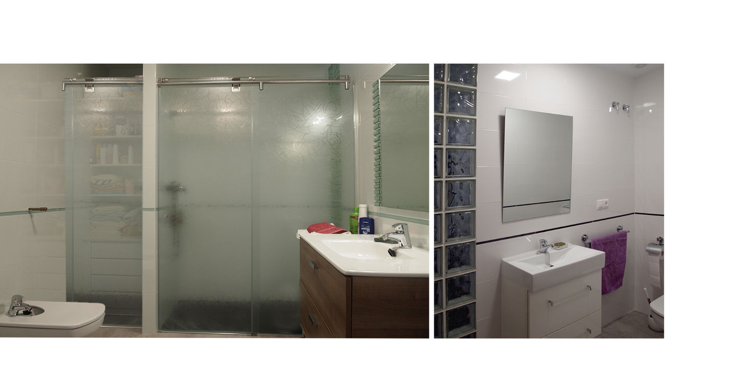 Baño reformado con ducha acristalada y mueble suspendido en vivienda unifamiliar diseñado por Genovés Calleja Arquitectos.