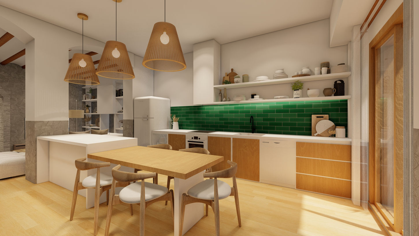 Cocina comedor con azulejo verde, muebles en madera y distribución abierta en vivienda unifamiliar diseñada por Genovés Calleja Arquitectos.