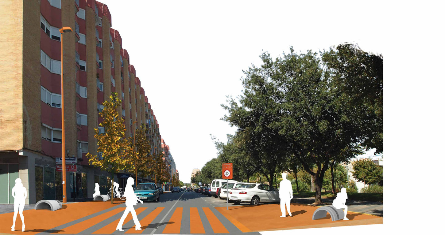 Proyecto de regeneración urbana con rediseño de sección viaria y prioridad peatonal en calle residencial.