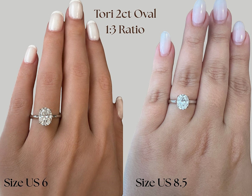 Tori 2ct oval engagement ring with 1.30 ratio shown on Size US 6 and Size US 8.5 fingers comparison