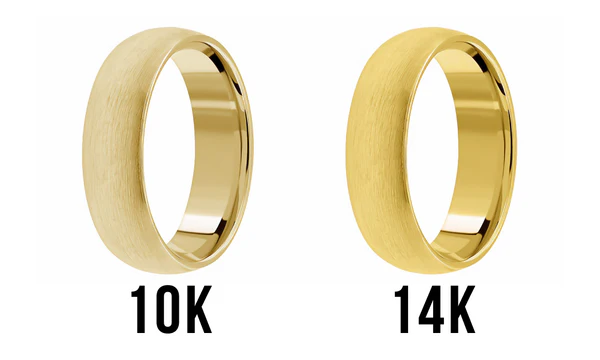 Comparison of 10K and 14K yellow gold rings highlighting subtle differences in colour and gold content