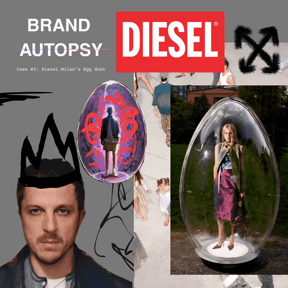Collage with fashion elements: a person in a glass egg, abstract art, people walking. Text: "BRAND AUTOPSY" and "DIESEL." Urban setting.