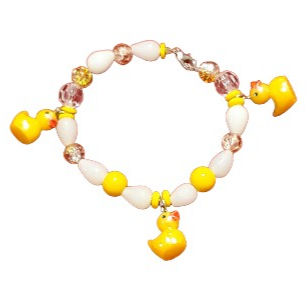 Yellow Duck Bracelet with white and pink beads prominently displayed.