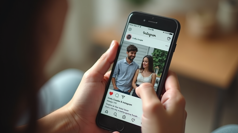 Eye-level view of a smartphone displaying A Crafty Couple’s Instagram profile
