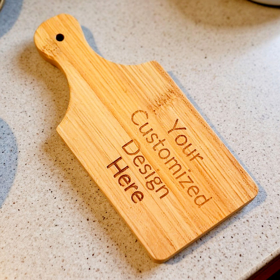 Bamboo cutting board displaying 'Your Customized Design Here' for custom orders.