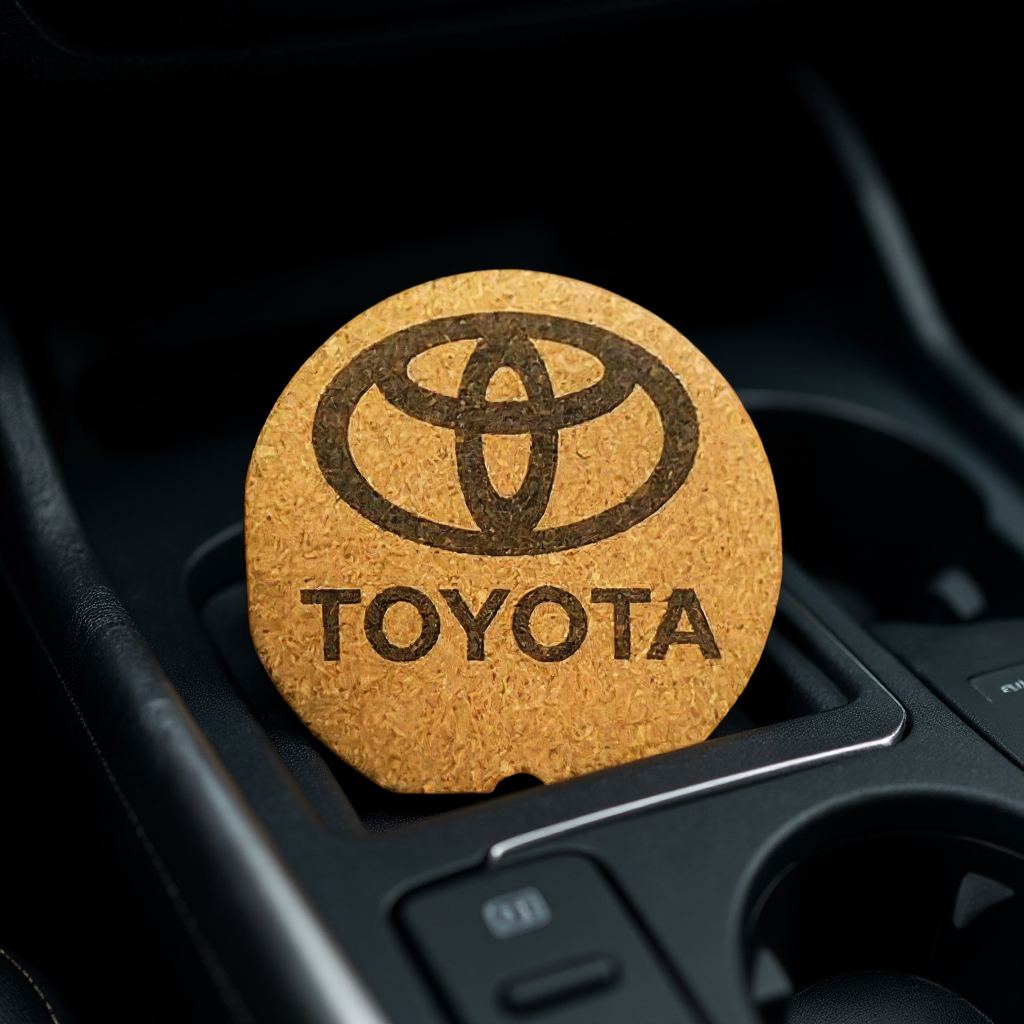Cork car coaster with Toyota logo and TOYOTA text in car holder.