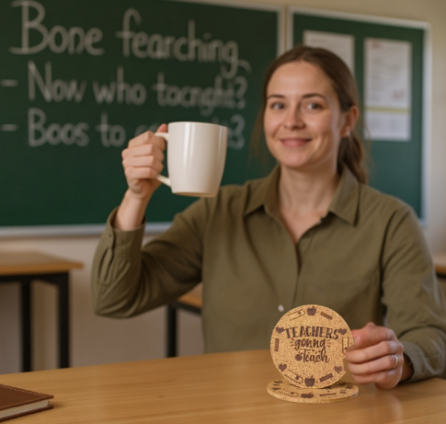 Smiling teacher with coffee mug, "Laser etcched Teachers Gonna Teach" cork coasters.