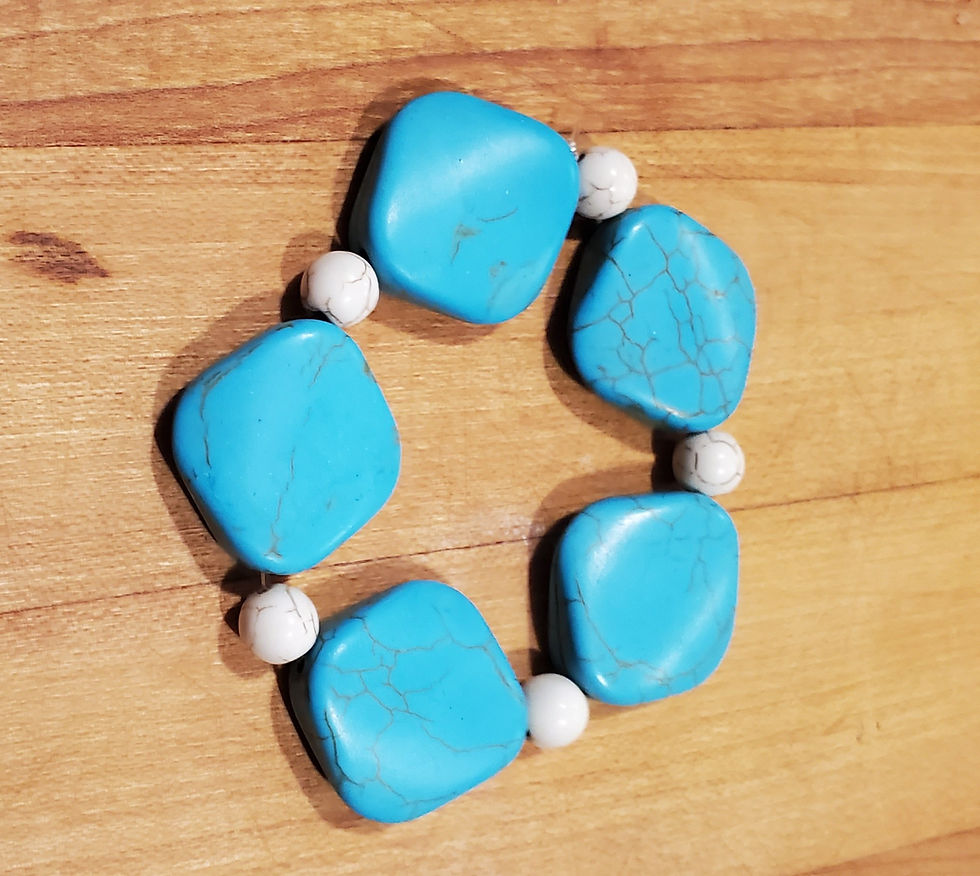 Earth & Sky Turquoise Bracelet, chunky blue and white beads on wood.