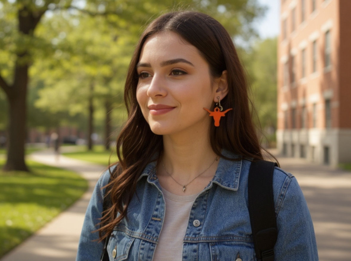 Smiling woman in denim jacket and orange Texas Longhorns earrings.