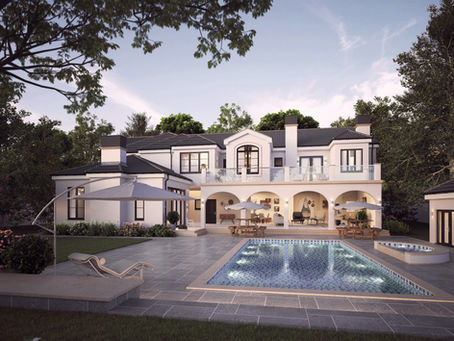 3D exterior rendering of a mansion facing a pool3D exterior rendering of a mansion facing a pool