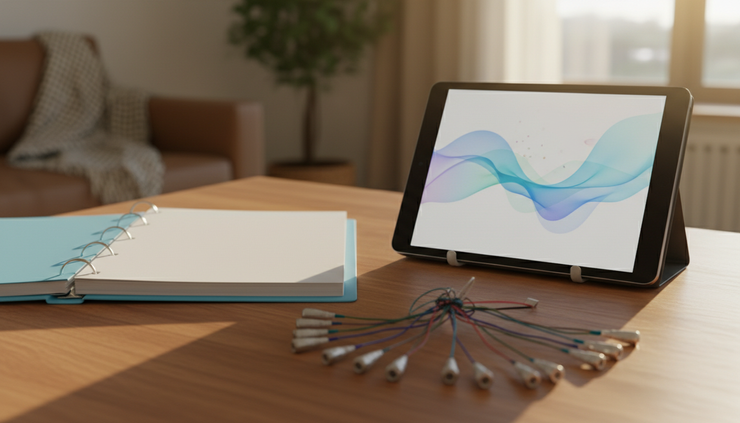Close-up view of neurofeedback sensors resting beside a tablet and a school binder