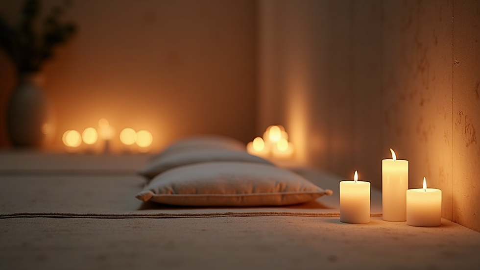 Eye-level view of a serene meditation space with candles and cushions