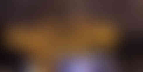 A wide shot of golden chandeliers hanging above a floral-patterned bar backdrop, adding a sophisticated ambiance to the space.