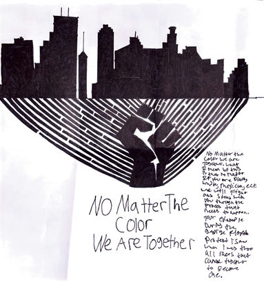 Black power symbol in the center with a colored in Minneapolis skyline with text that reads, "No Matter The Color We Are Together."