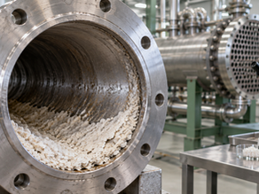 Illustration of white mineral deposits inside a stainless steel pipe, with analytical equipment in the background.