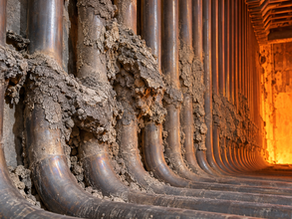 Illustration of ash deposits on heat transfer surfaces in a coal-fired boiler.