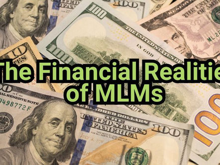 Various US dollar bills overlayed with bold text The Financial Realities of MLMs. The background consists of 10, 20, 50, and 100 dollar notes.