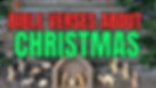Wooden nativity scene with animals on rustic background. Red and green text reads "Bible Verses About Christmas." Festive mood.