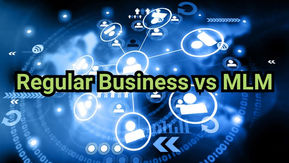 Network diagram in blue with people icons and arrows. Text: "Regular Business vs MLM" in bold green and black. Abstract digital background.