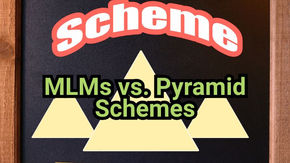Pyramid shapes on a dark background with text: "Scheme" in red and "MLMs vs. Pyramid Schemes" in green, depicting a comparison theme.