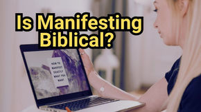 Woman holds a crystal, looking at a laptop showing "How to manifest exactly what you want." Text overlay asks "Is Manifesting Biblical?"