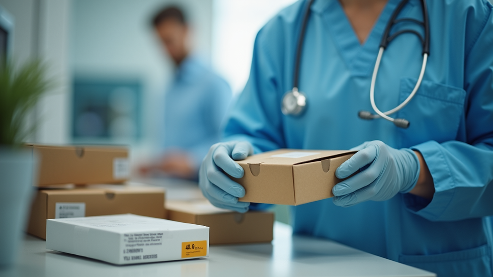 Close-up view of a healthcare professional organizing medication boxes