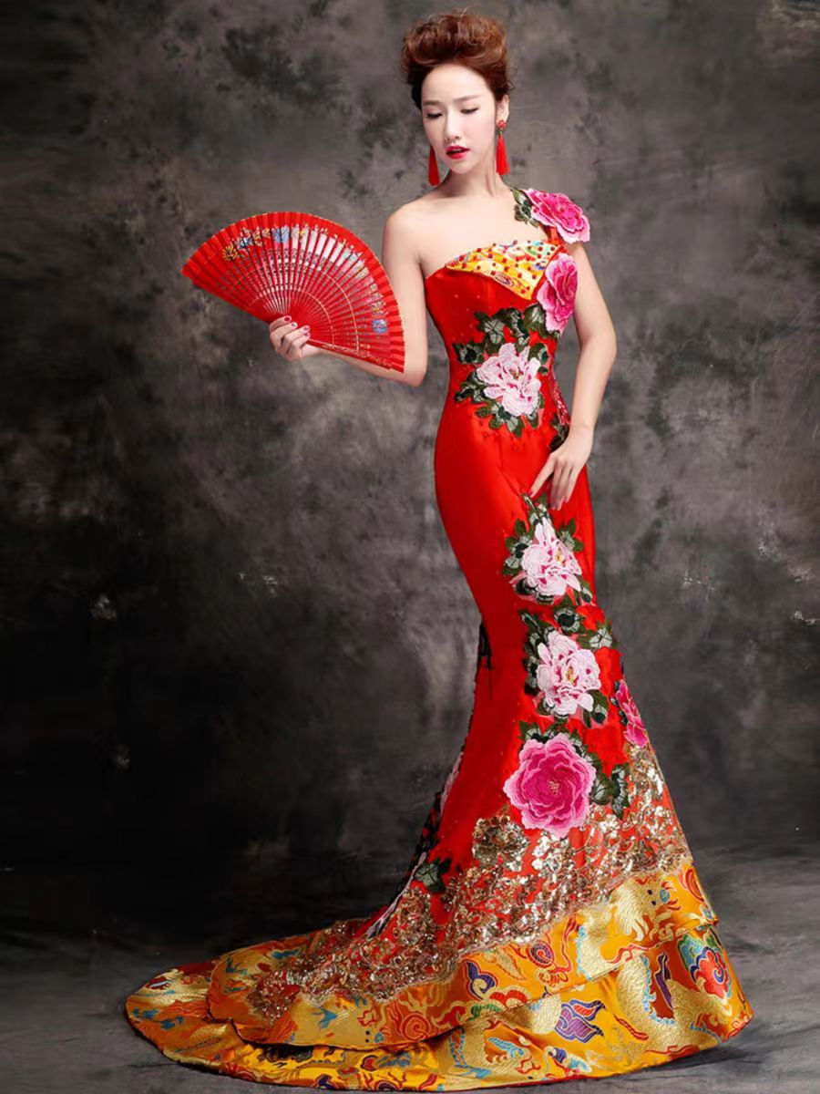 Thumbnail: 11391 Luxury One-Shoulder Evening Gown  Embroidered Mermaid Train  Banquet  Host