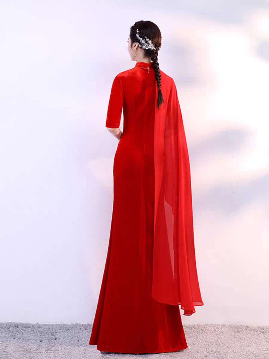 Thumbnail: 11329 Red Velvet Mermaid Qipao – Runway & Performance Gown Dragonseedbridal