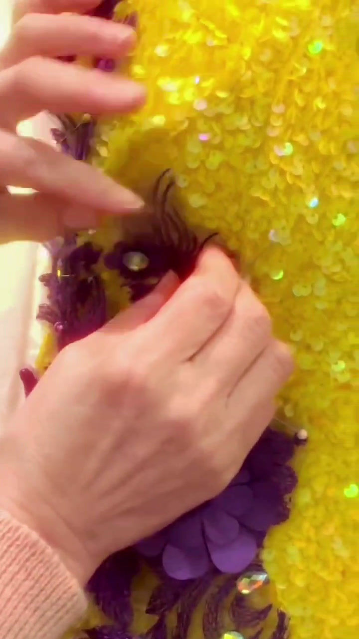 Thumbnail: 1015 Dragon Seed SF Chinatown Custom Bright Yellow Purple Vine Sequin Qipao