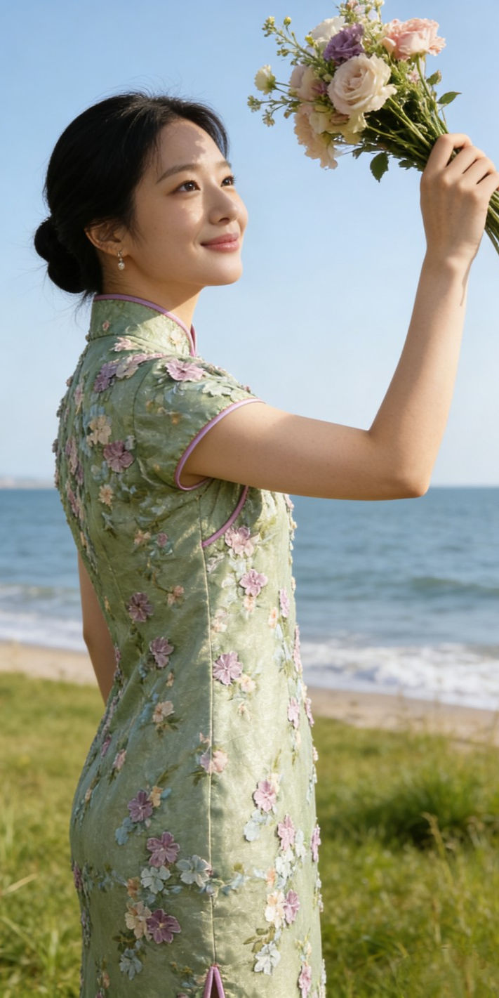 Thumbnail: 1018 Vintage Inspired Green Floral Embroidery Cheongsam DragonSeedBrial