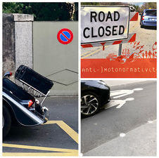 voitures stationnées et circulant sur l'espace piéton