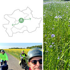 une carte de l'interco Normandie Sud Eure ave l'itinéraire vélo, un champs de lin de fleur et l'équipe de projet en visite à vélo