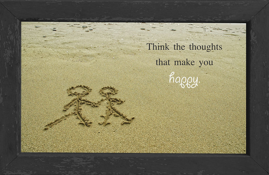 gusto cafe, photo art, inspiring picture and message, self-help, self-love, love, sand, two people, holding hands, think the thoughts that make you happy, stick figures