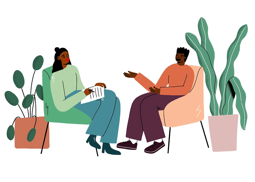 Two people sit in chairs among potted plants, chatting casually; one holds a paper while the other gestures, on a clean white background.