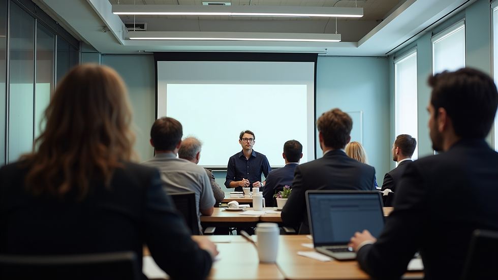 Eye-level view of a professional workshop room with participants engaged in discussion