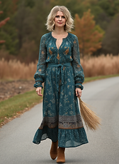 bohemian_woman_walking_along_a_quiet_country_road_in_autumn_wearing_a_long_teal_and_taupe_