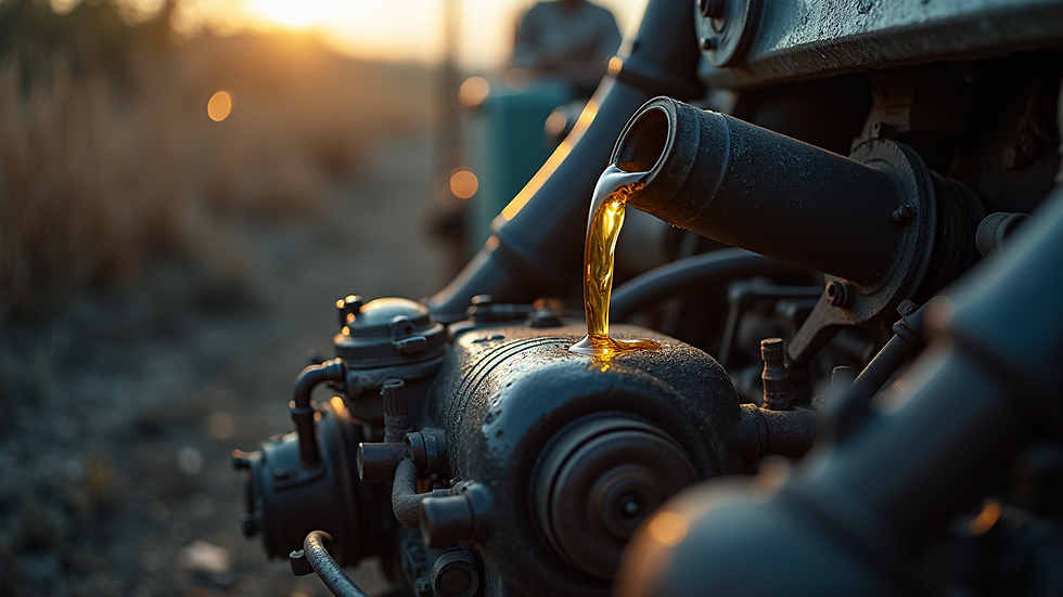 Close-up view of a tractor engine with oil being applied