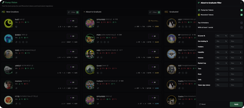 trading platform bullx pump fun vision features and filters